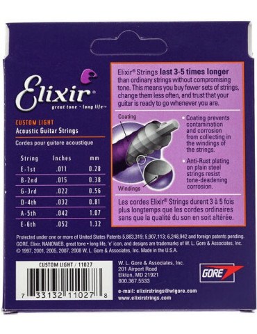 Jeux cordes Guitare accoustique Elixir 11002 NANOWEB BRONZE Extra Light CEL-11002