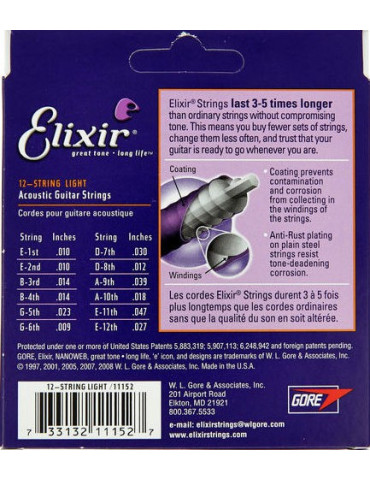 Jeux cordes Guitare accoustique Elixir 11152 NANOWEB BRONZE Light - 12 cordes CEL-11152