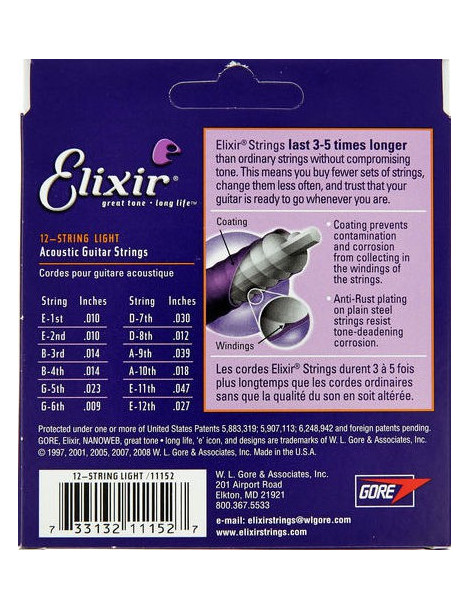 Jeux cordes Guitare accoustique Elixir 11152 NANOWEB BRONZE Light - 12 cordes CEL-11152