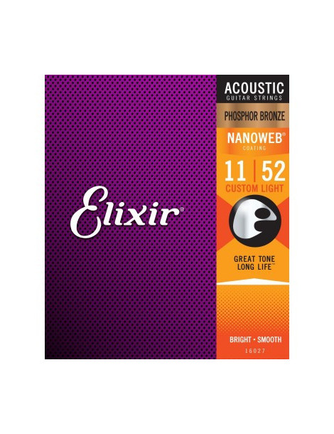 Jeux cordes Guitare accoustique Elixir 16027 NANOWEB PHOSPHOR BRONZE Custom Light CEL-16027